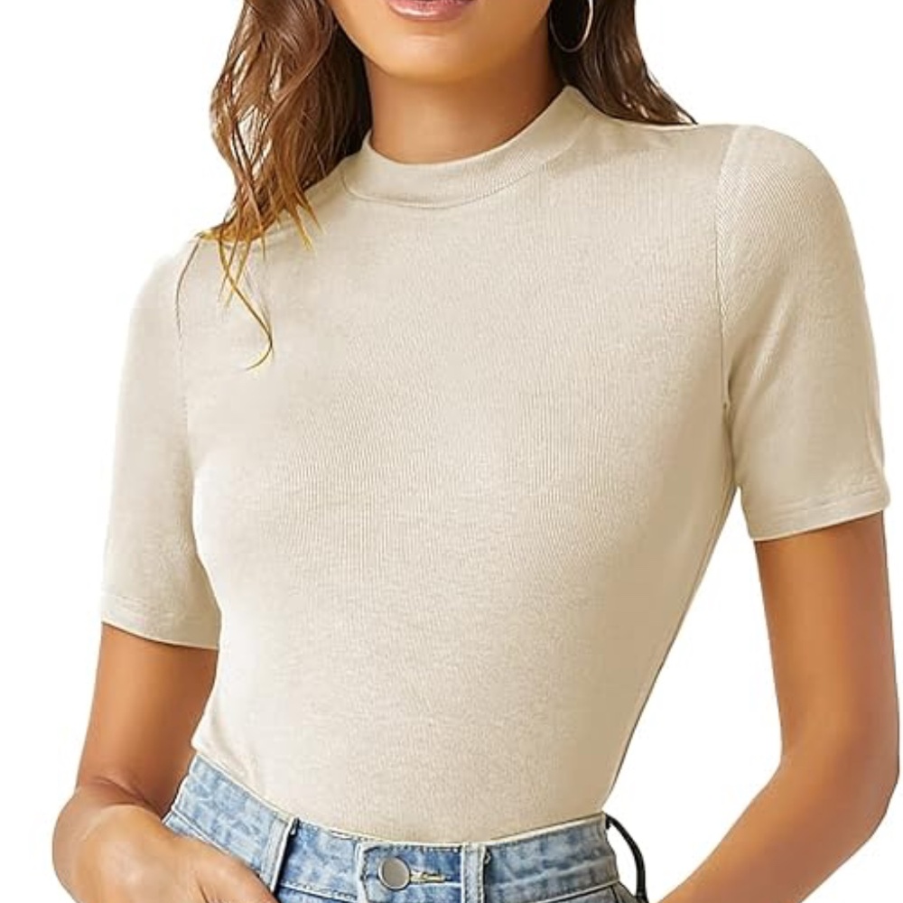Cream Ribbed Mock Neck Tee